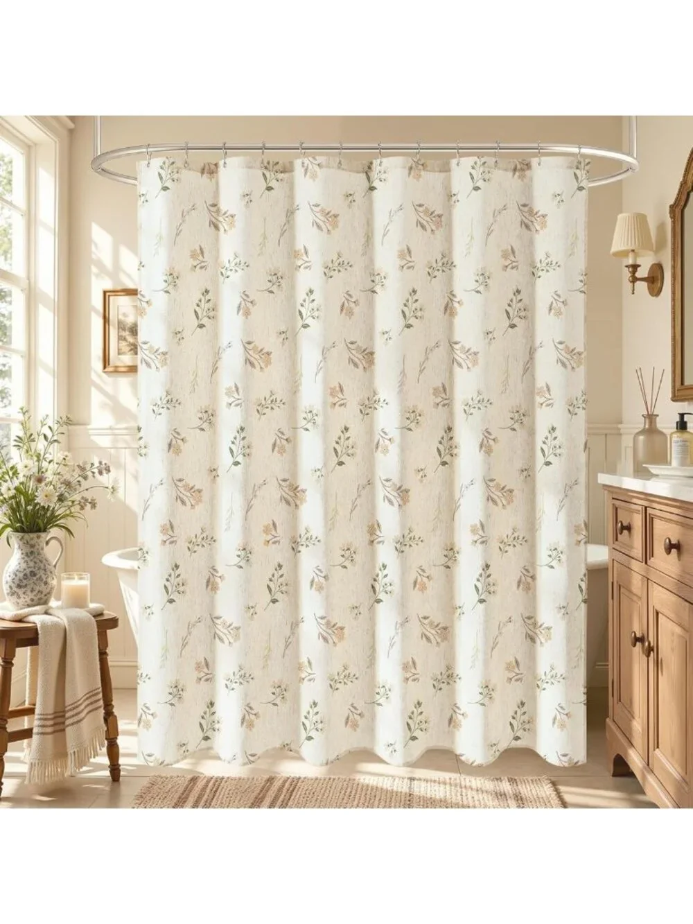 Beige Floral Linen Blend Shower Curtain - Farmhouse Style Bathroom Decor 72x72